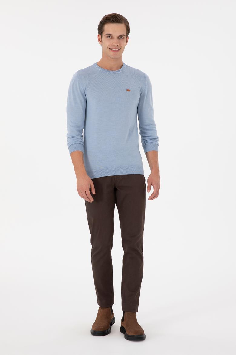 Erkek Slim Fit Bisiklet Yaka Açık Mavi Melanj Kazak - 50297040067