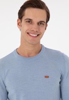 Erkek Slim Fit Bisiklet Yaka Açık Mavi Melanj Kazak - 50297040067