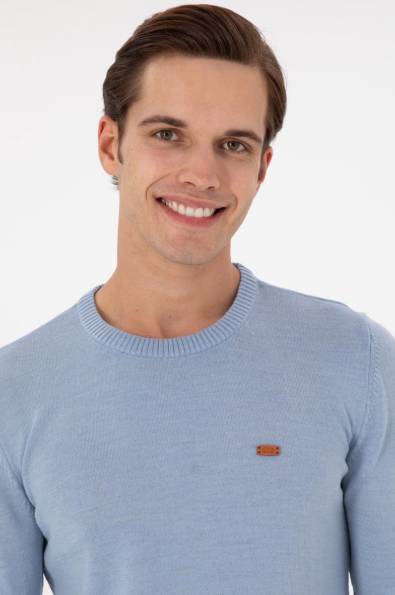 Erkek Slim Fit Bisiklet Yaka Açık Mavi Melanj Kazak