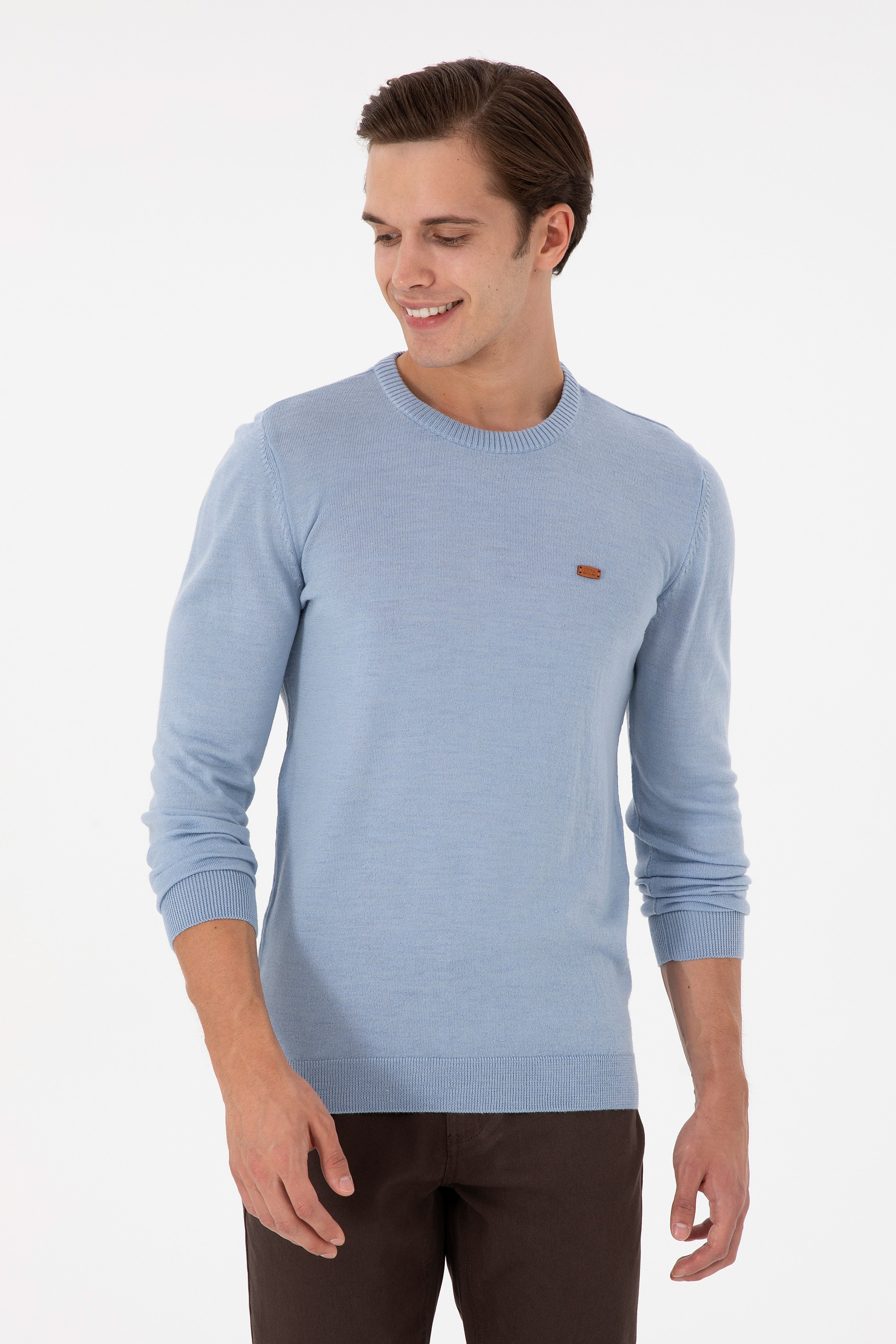 Erkek Slim Fit Bisiklet Yaka Açık Mavi Melanj Kazak - Image 1