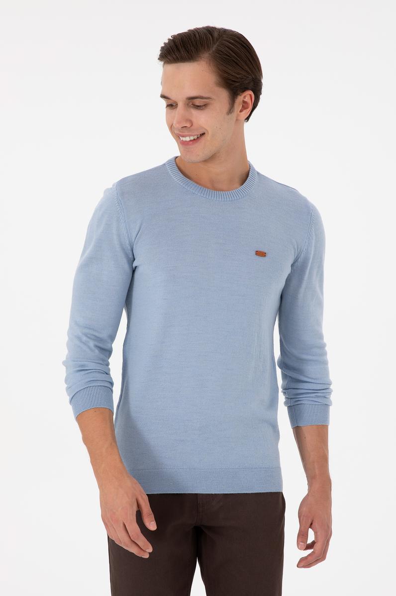 Erkek Slim Fit Bisiklet Yaka Açık Mavi Melanj Kazak