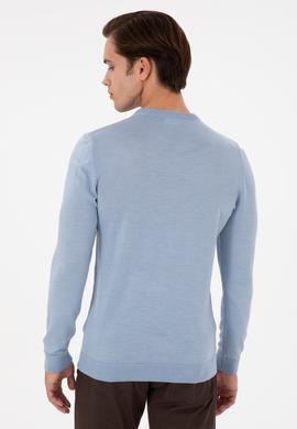 Erkek Slim Fit Bisiklet Yaka Açık Mavi Melanj Kazak - 50297040067