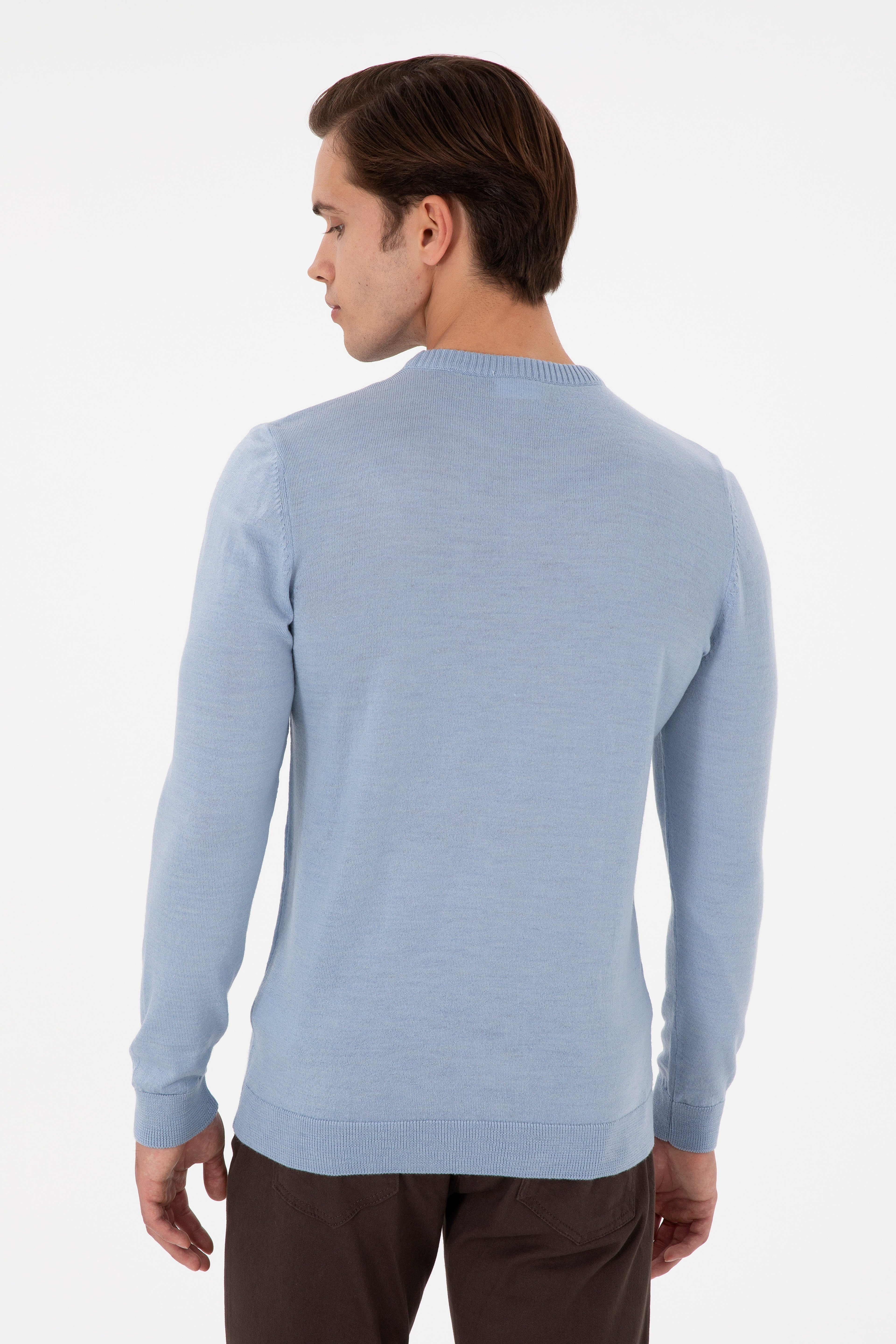Erkek Slim Fit Bisiklet Yaka Açık Mavi Melanj Kazak