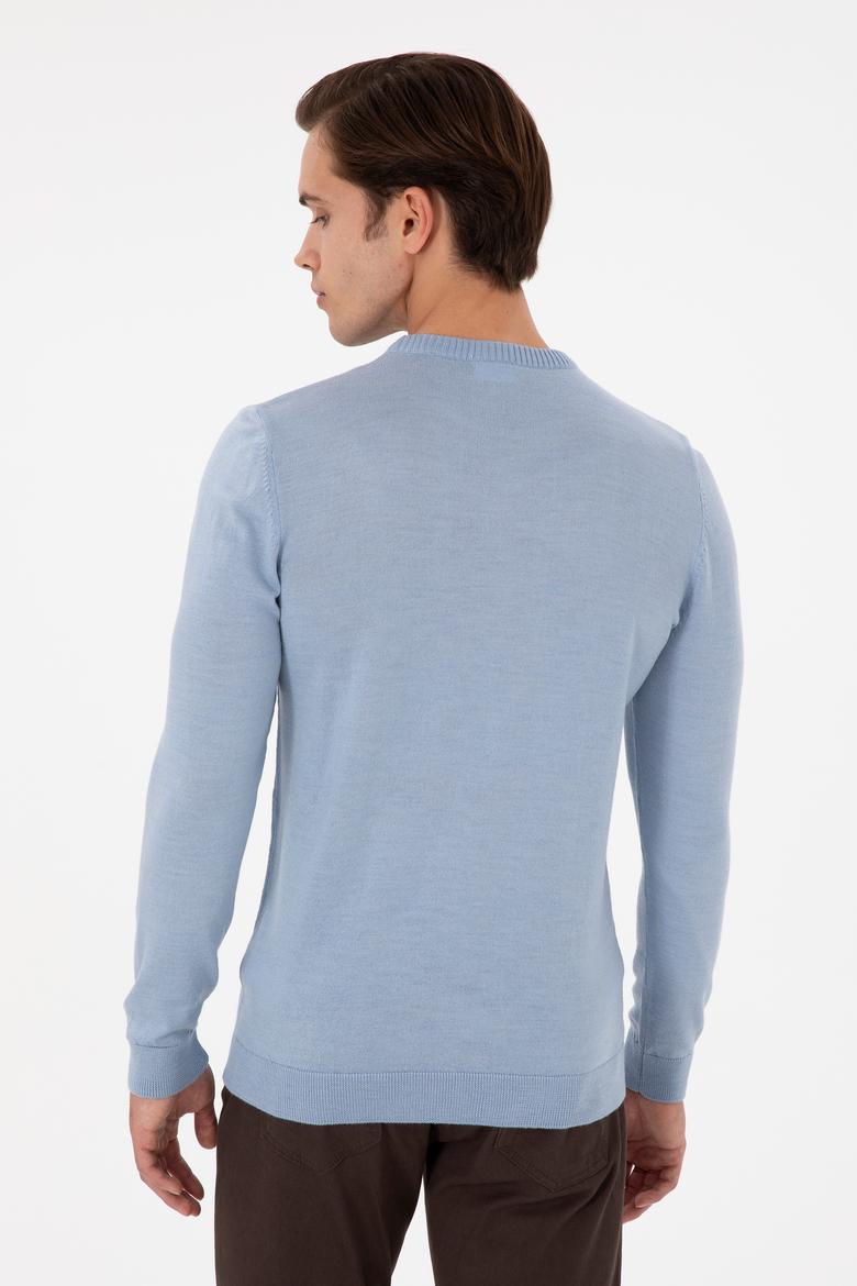 Erkek Slim Fit Bisiklet Yaka Açık Mavi Melanj Kazak - 50297040067