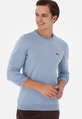 Erkek Slim Fit Bisiklet Yaka Açık Mavi Melanj Kazak - 50297040067