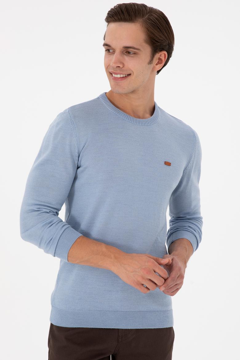 Erkek Slim Fit Bisiklet Yaka Açık Mavi Melanj Kazak - 50297040067