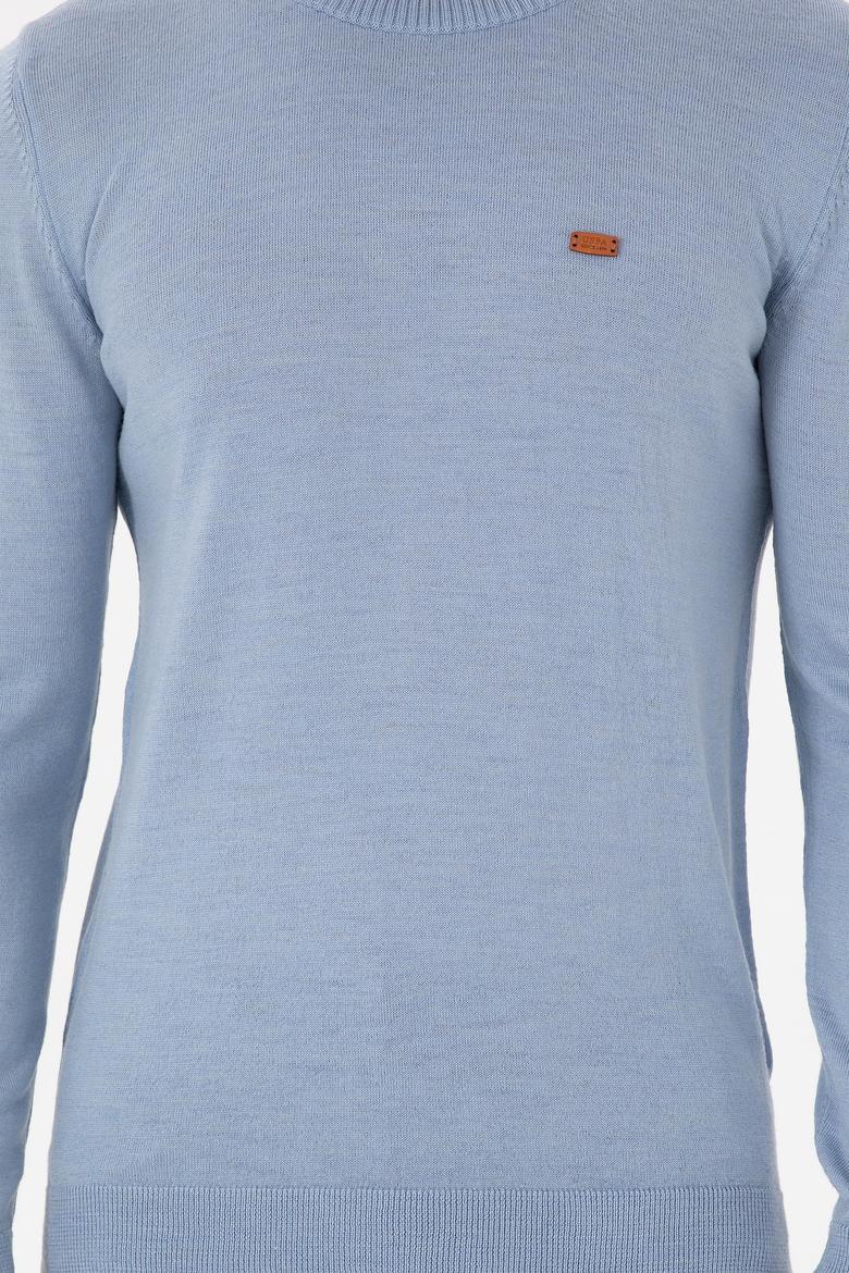 Erkek Slim Fit Bisiklet Yaka Açık Mavi Melanj Kazak - 50297040067