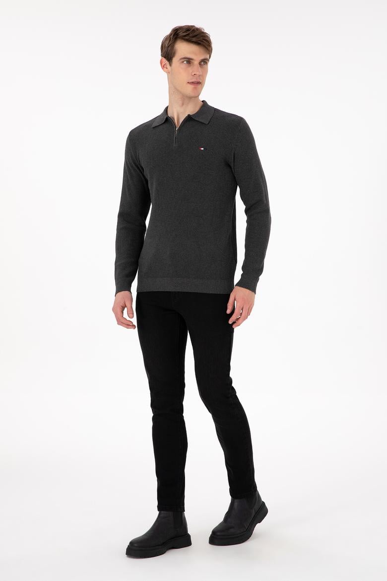 Erkek Regular Fit Yarım Fermuarlı Antrasit Melanj Basic Kazak - 50298266064