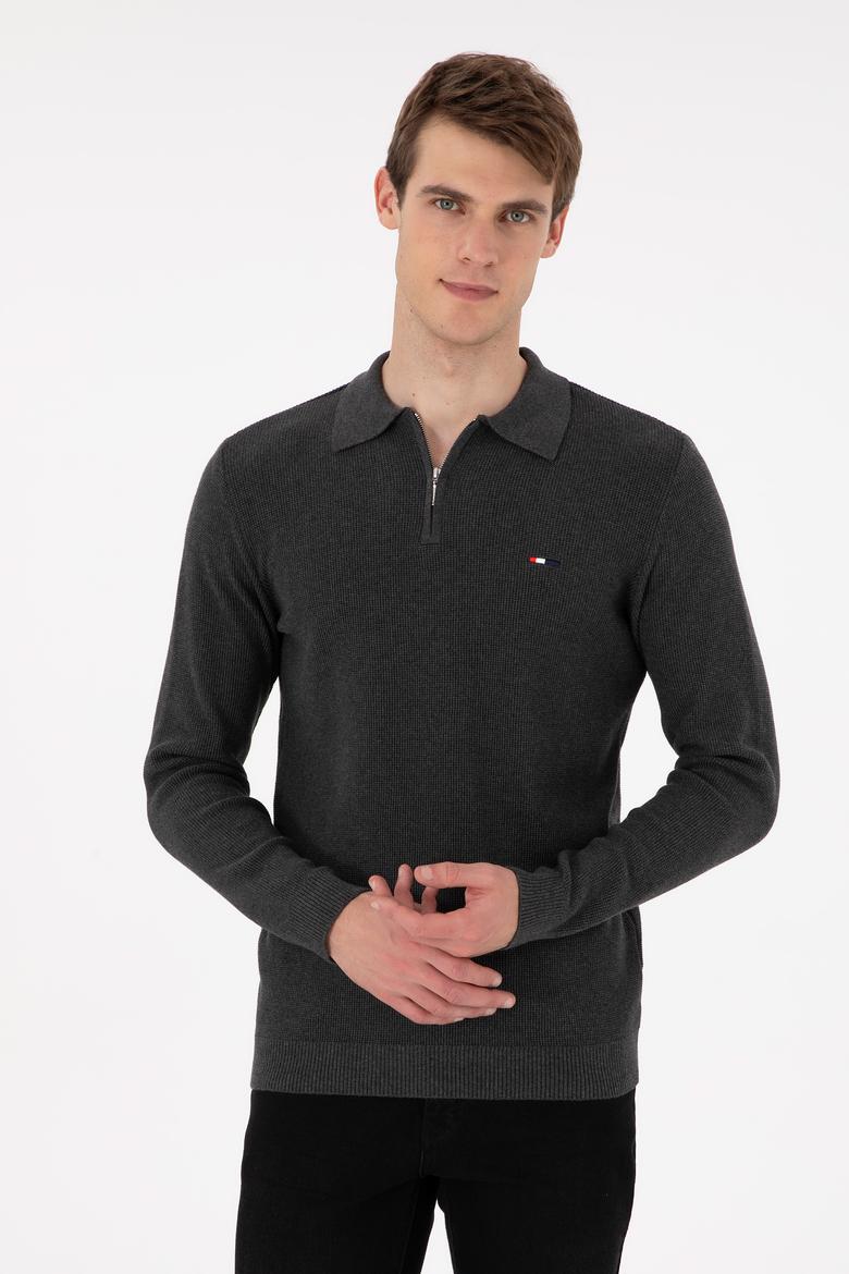 Erkek Regular Fit Yarım Fermuarlı Antrasit Melanj Basic Kazak