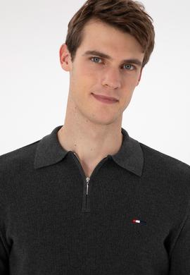 Erkek Regular Fit Yarım Fermuarlı Antrasit Melanj Basic Kazak - 50298266064