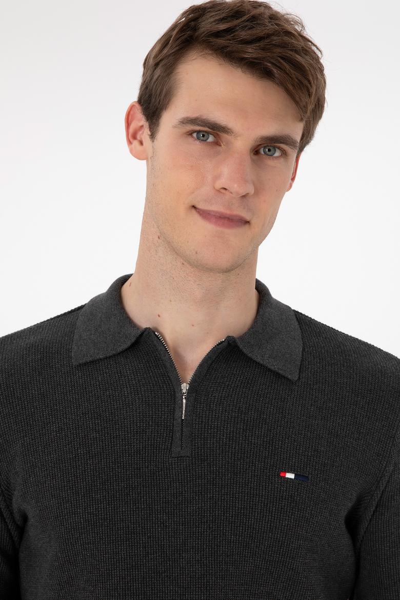 Erkek Regular Fit Yarım Fermuarlı Antrasit Melanj Basic Kazak - 50298266064