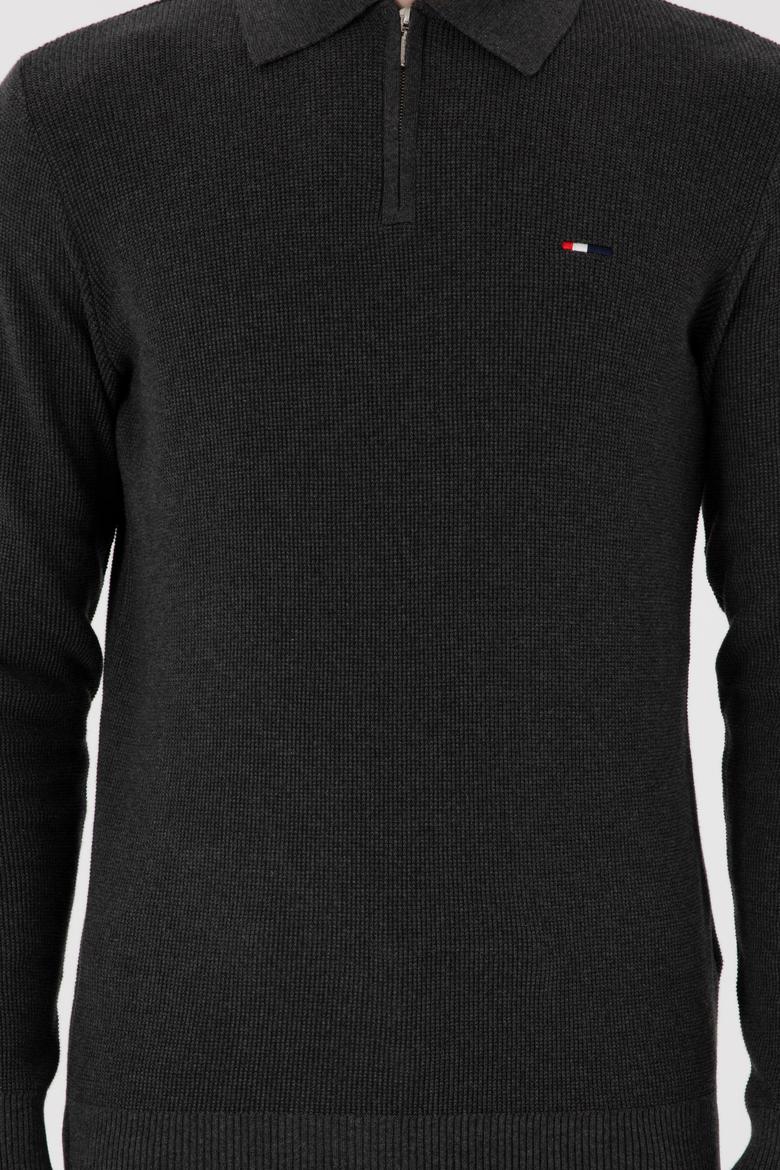 Erkek Regular Fit Yarım Fermuarlı Antrasit Melanj Basic Kazak - 50298266064