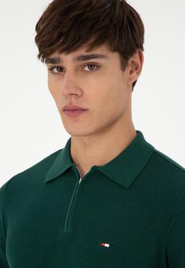 Erkek Regular Fit Yarım Fermuarlı Koyu Yeşil Basic Kazak - 50298266028