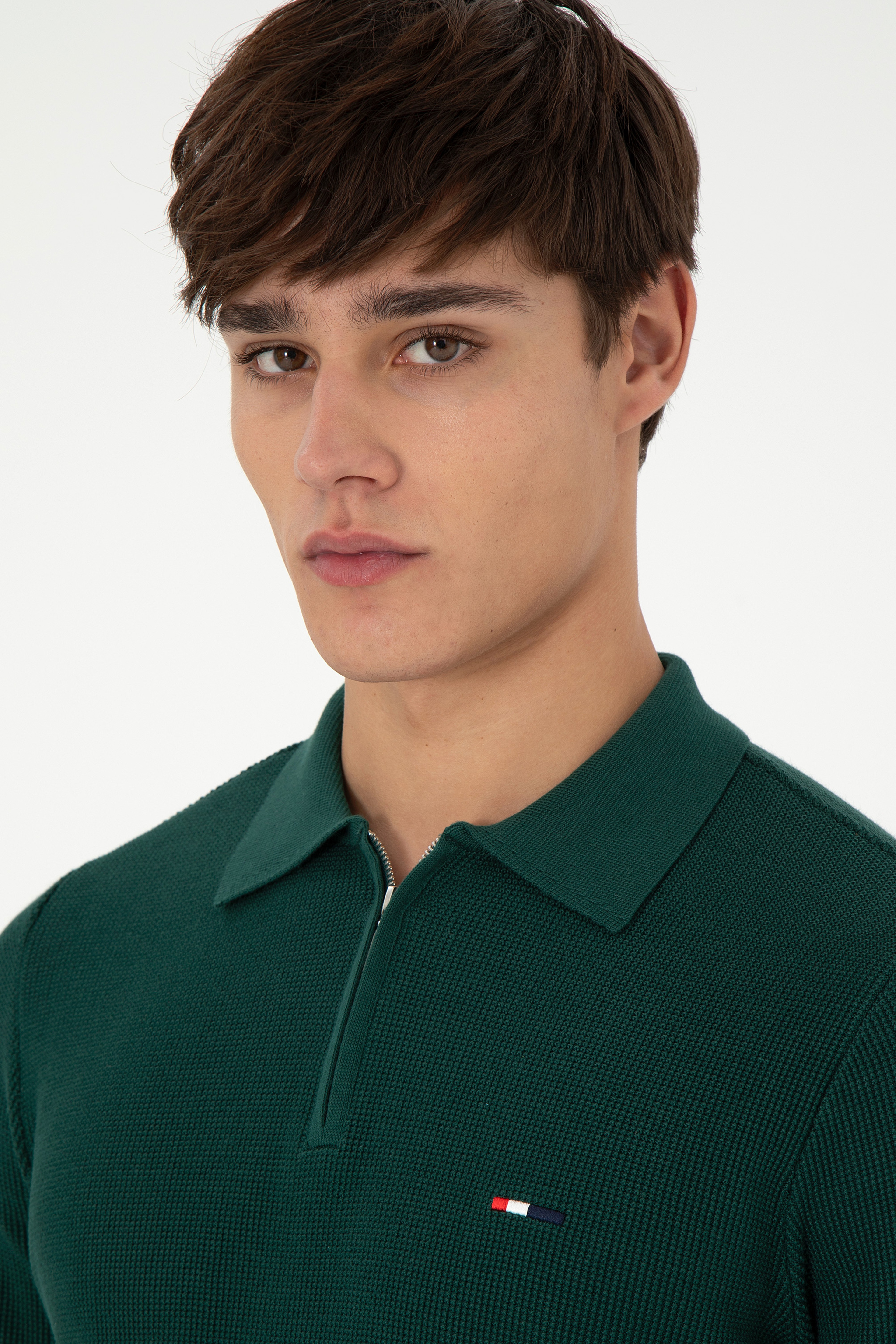 Erkek Regular Fit Yarım Fermuarlı Koyu Yeşil Basic Kazak - Image 2