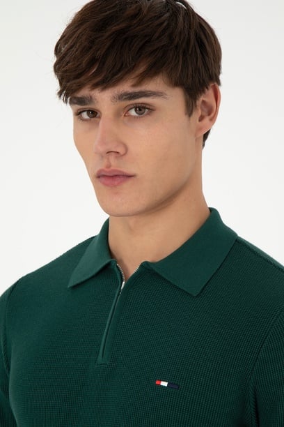 Erkek Regular Fit Yarım Fermuarlı Koyu Yeşil Basic Kazak