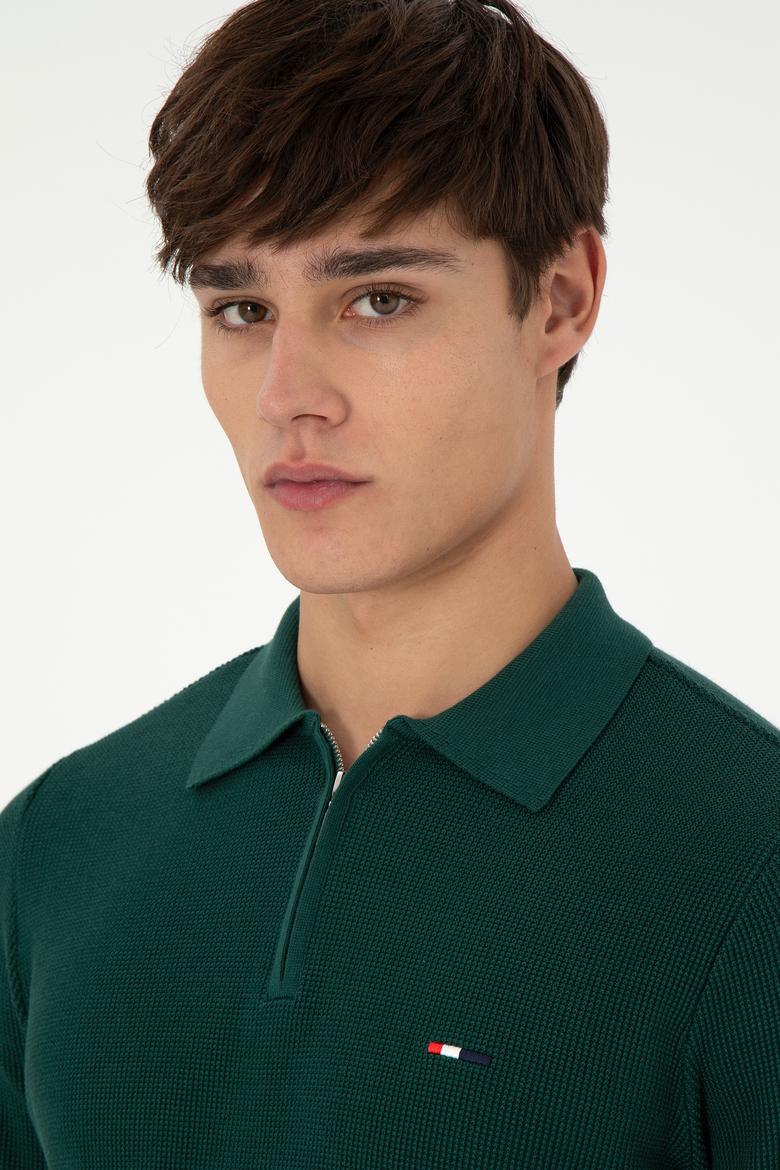 Erkek Regular Fit Yarım Fermuarlı Koyu Yeşil Basic Kazak - 50298266028