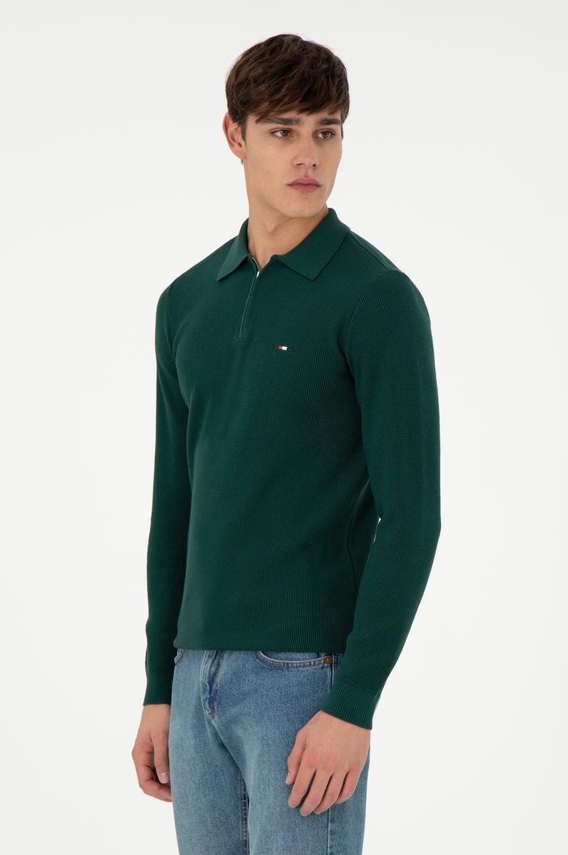 Erkek Regular Fit Yarım Fermuarlı Koyu Yeşil Basic Kazak