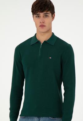 Erkek Regular Fit Yarım Fermuarlı Koyu Yeşil Basic Kazak - 50298266028