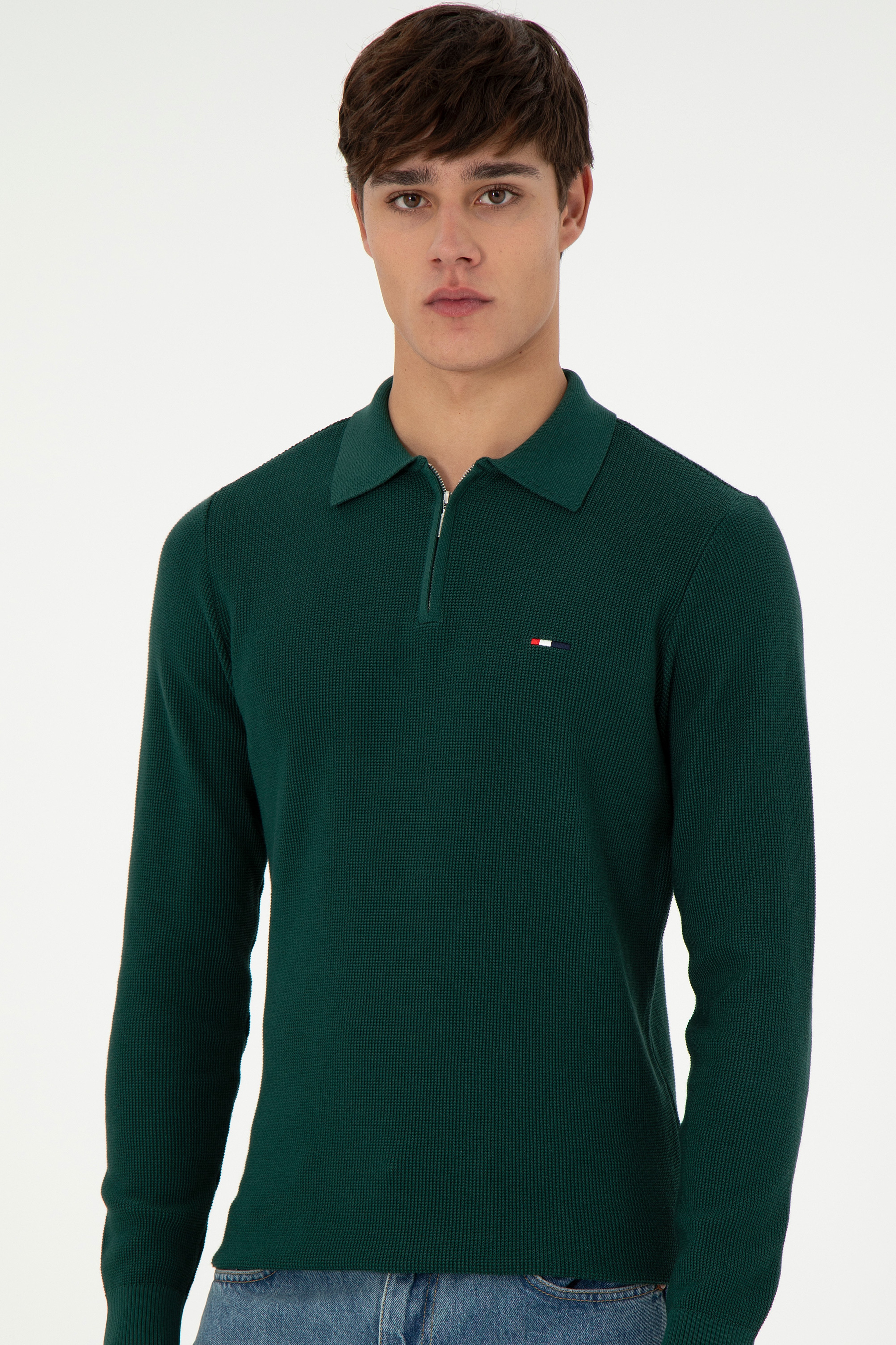 Erkek Regular Fit Yarım Fermuarlı Koyu Yeşil Basic Kazak