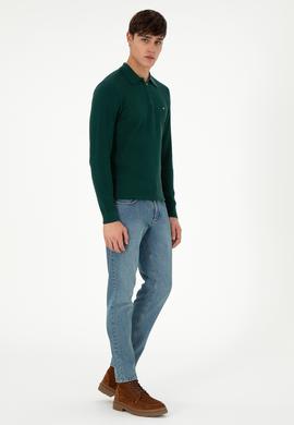 Erkek Regular Fit Yarım Fermuarlı Koyu Yeşil Basic Kazak - 50298266028