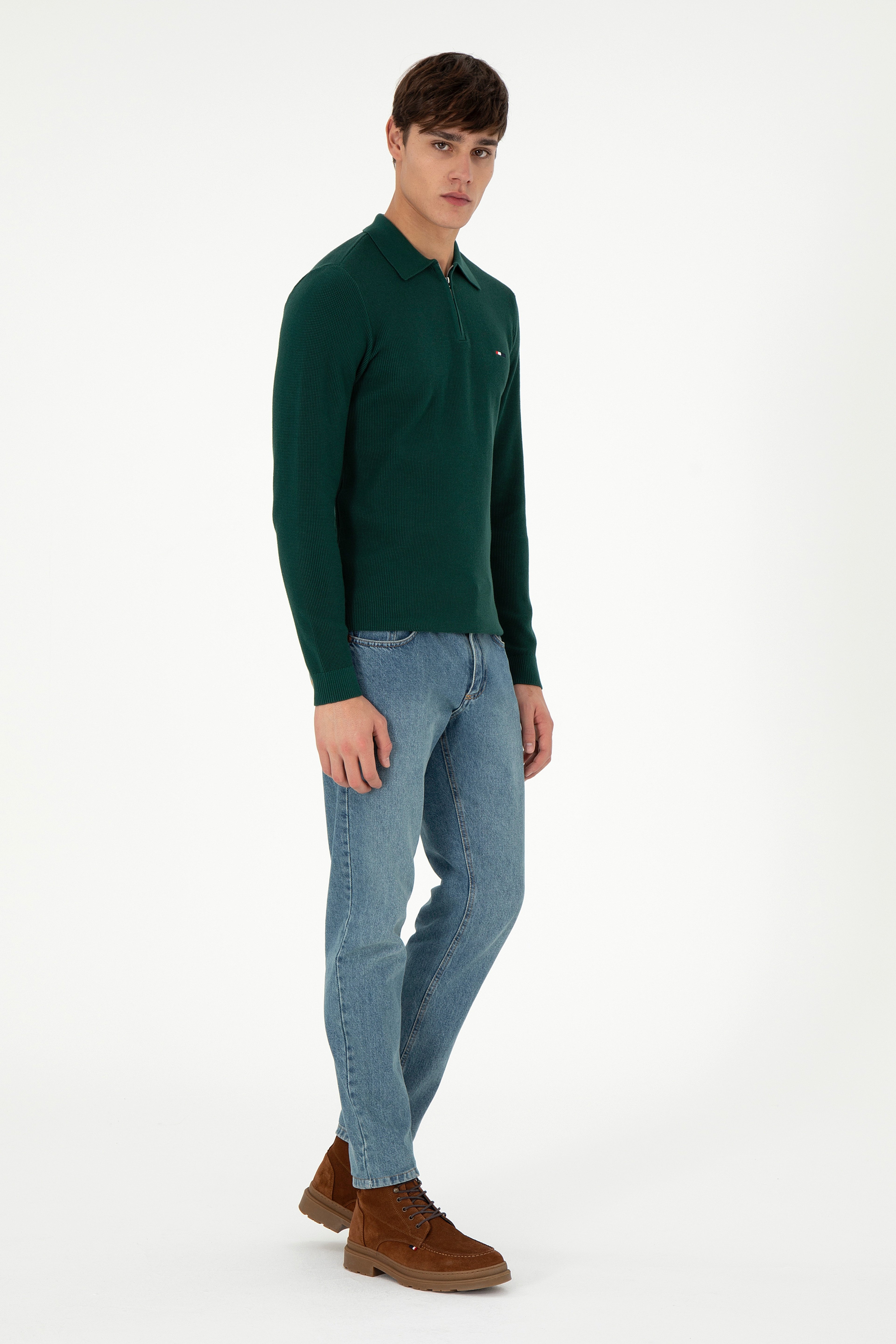 Erkek Regular Fit Yarım Fermuarlı Koyu Yeşil Basic Kazak - Image 4