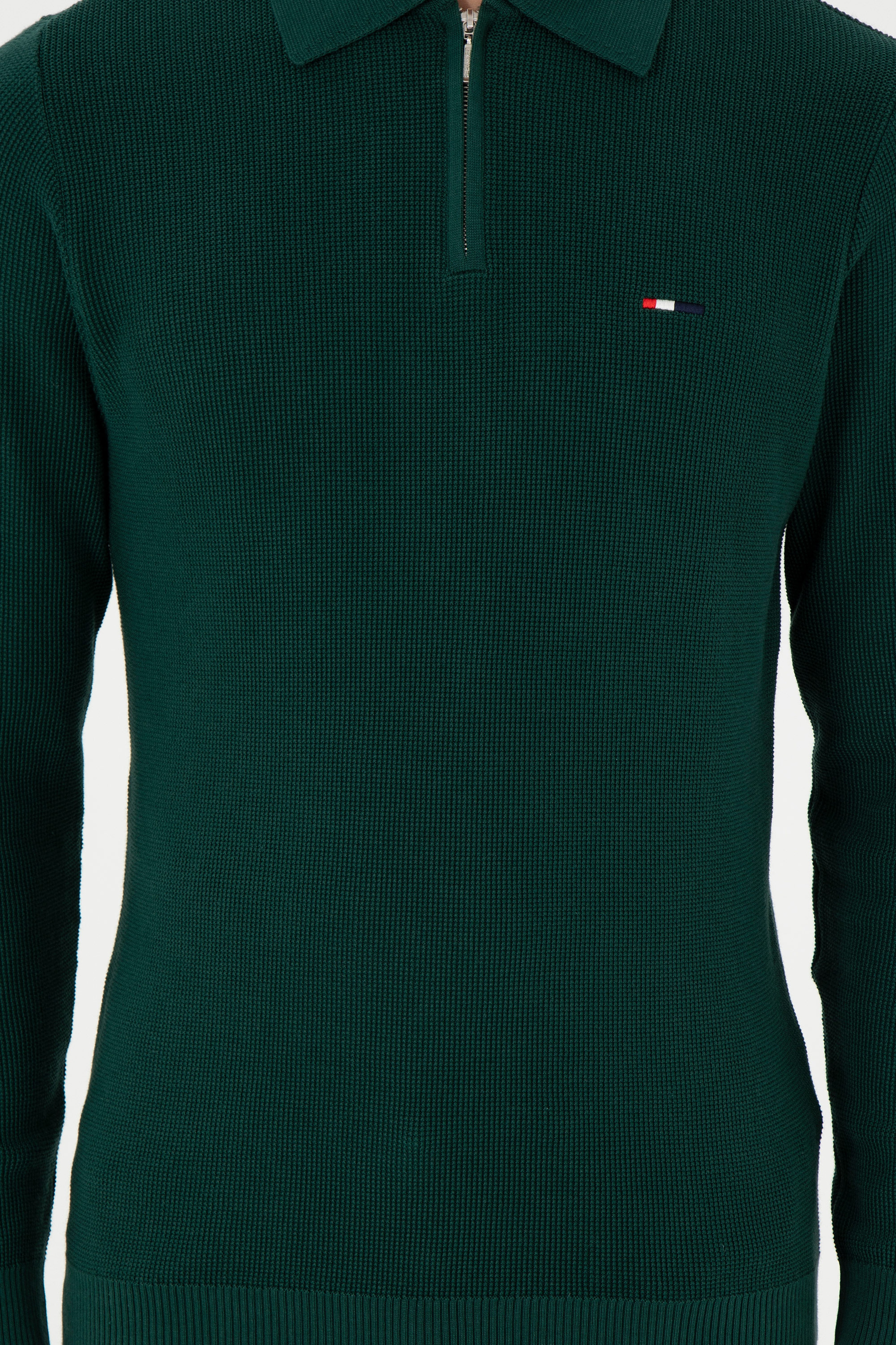 Erkek Regular Fit Yarım Fermuarlı Koyu Yeşil Basic Kazak