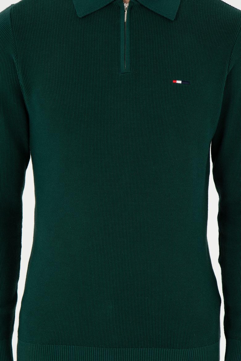 Erkek Regular Fit Yarım Fermuarlı Koyu Yeşil Basic Kazak - 50298266028