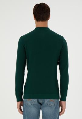 Erkek Regular Fit Yarım Fermuarlı Koyu Yeşil Basic Kazak - 50298266028