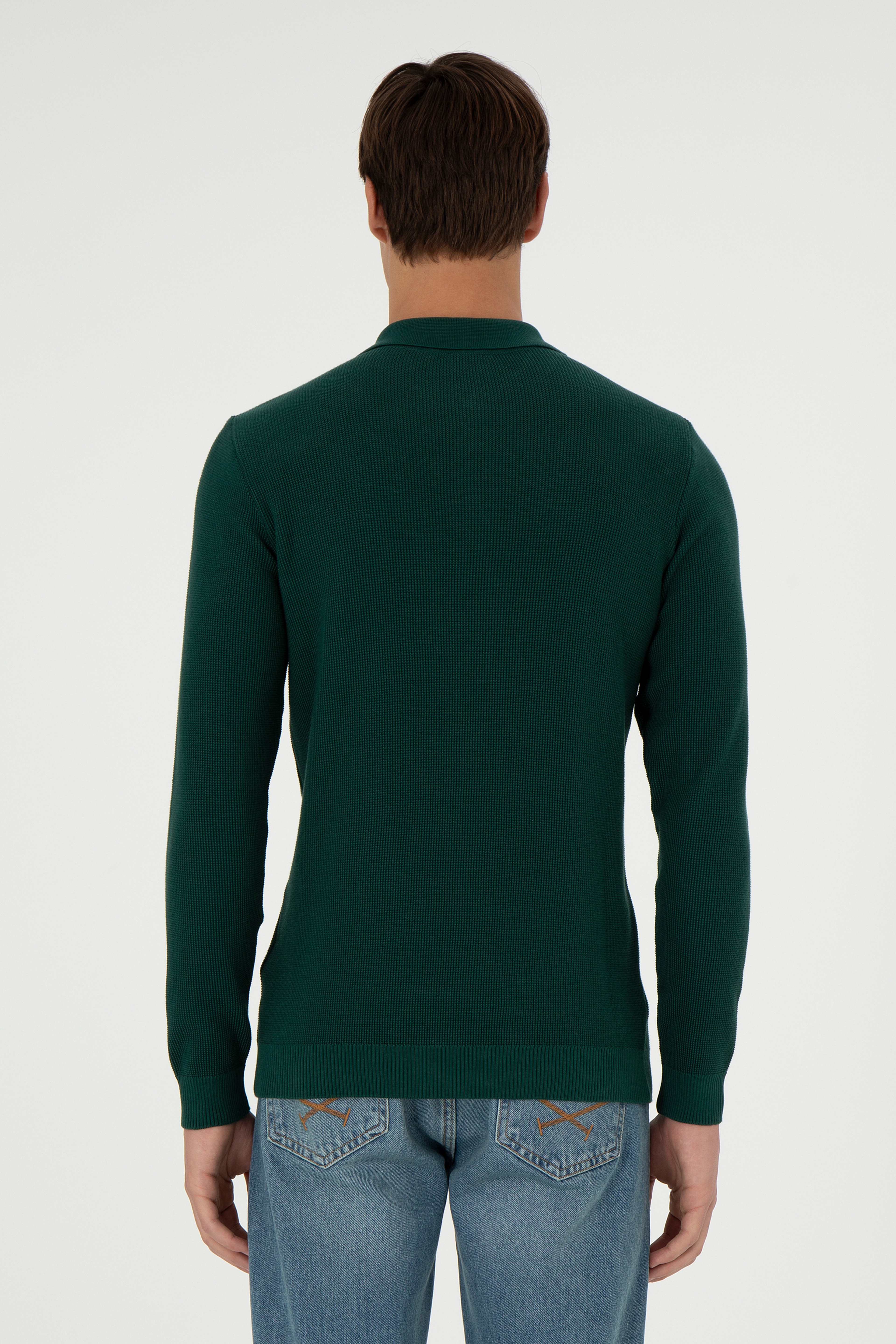 Erkek Regular Fit Yarım Fermuarlı Koyu Yeşil Basic Kazak - Image 5