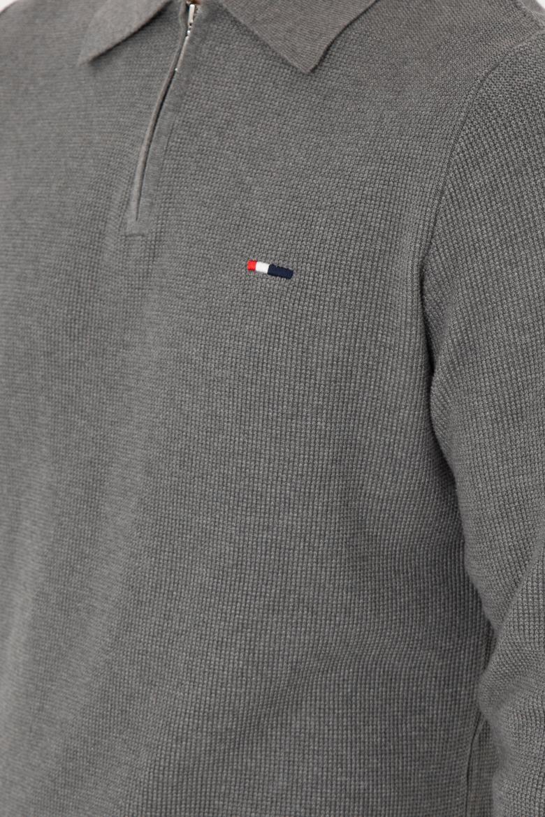 Erkek Regular Fit Yarım Fermuarlı Gri Melanj Basic Kazak - 50298266073