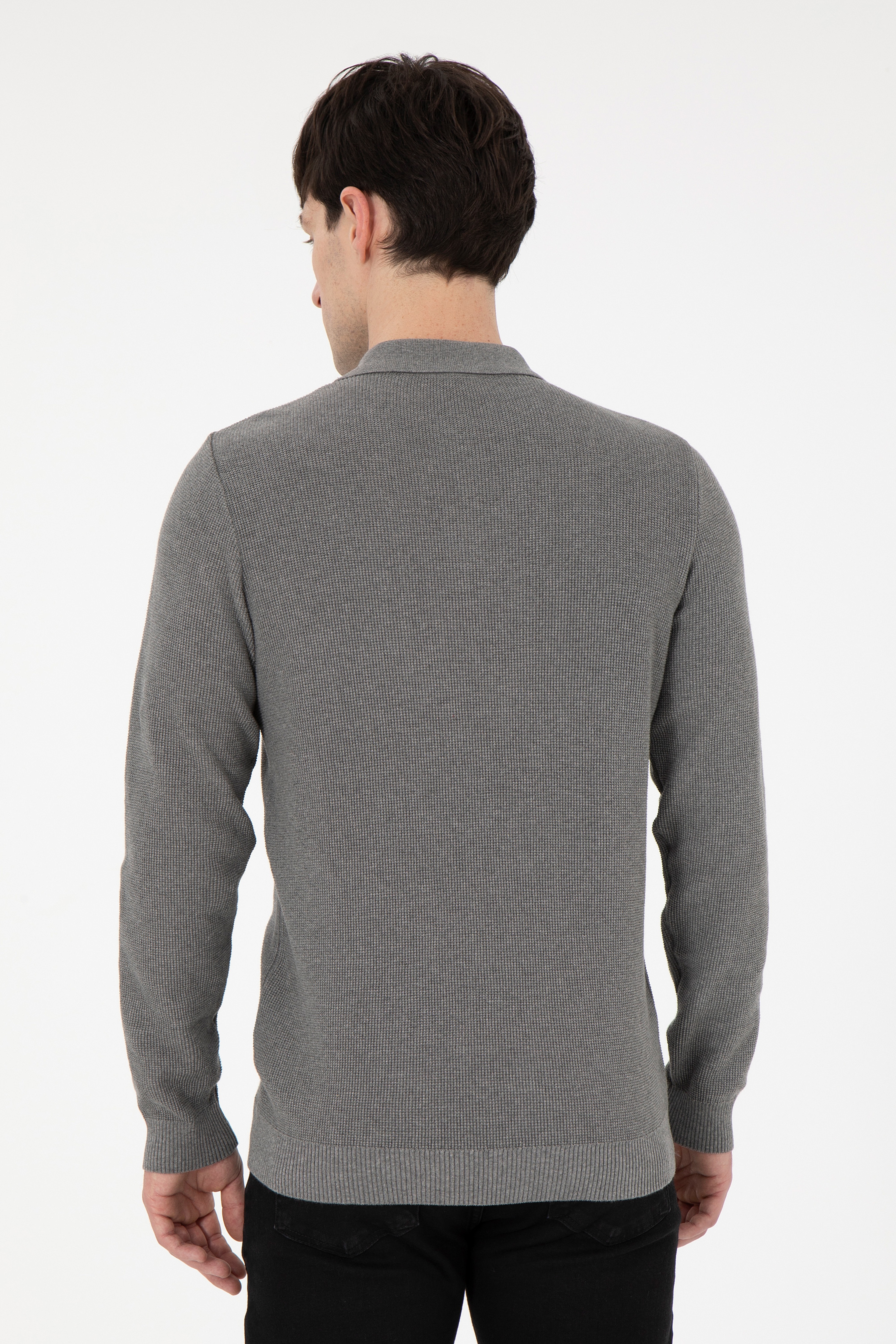 Erkek Regular Fit Yarım Fermuarlı Gri Melanj Basic Kazak - Image 5