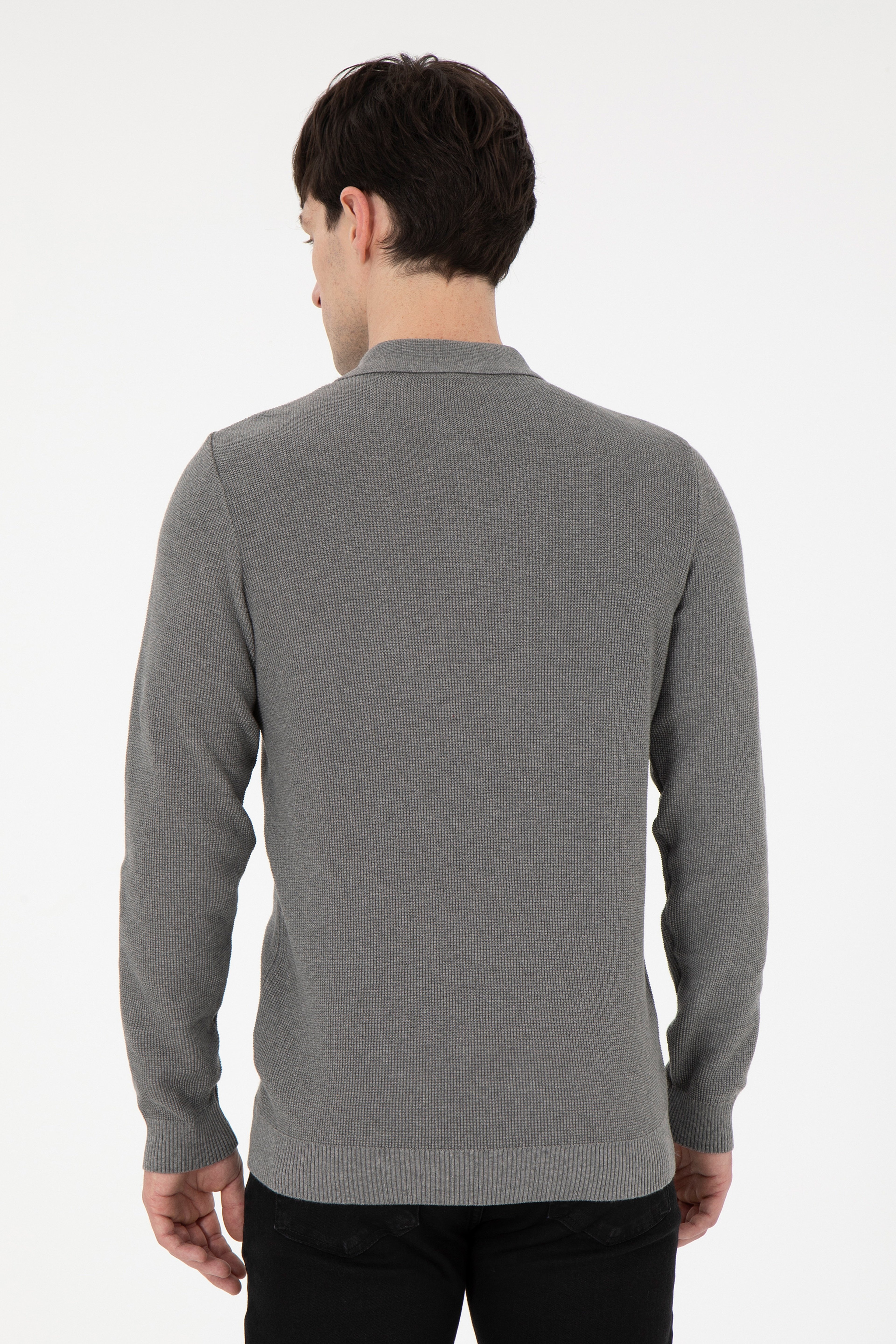 Erkek Regular Fit Yarım Fermuarlı Gri Melanj Basic Kazak