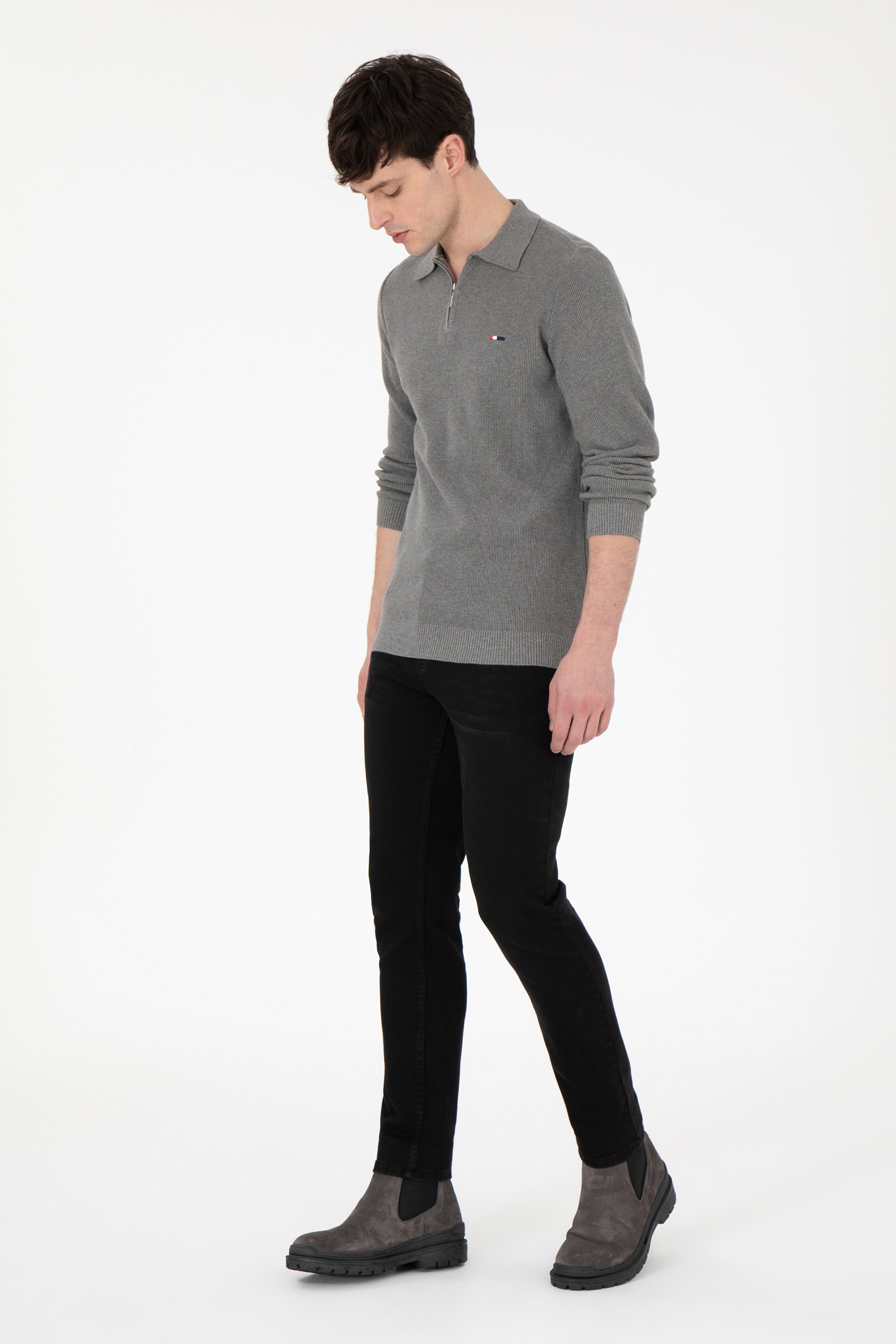Erkek Regular Fit Yarım Fermuarlı Gri Melanj Basic Kazak