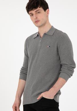 Erkek Regular Fit Yarım Fermuarlı Gri Melanj Basic Kazak - 50298266073