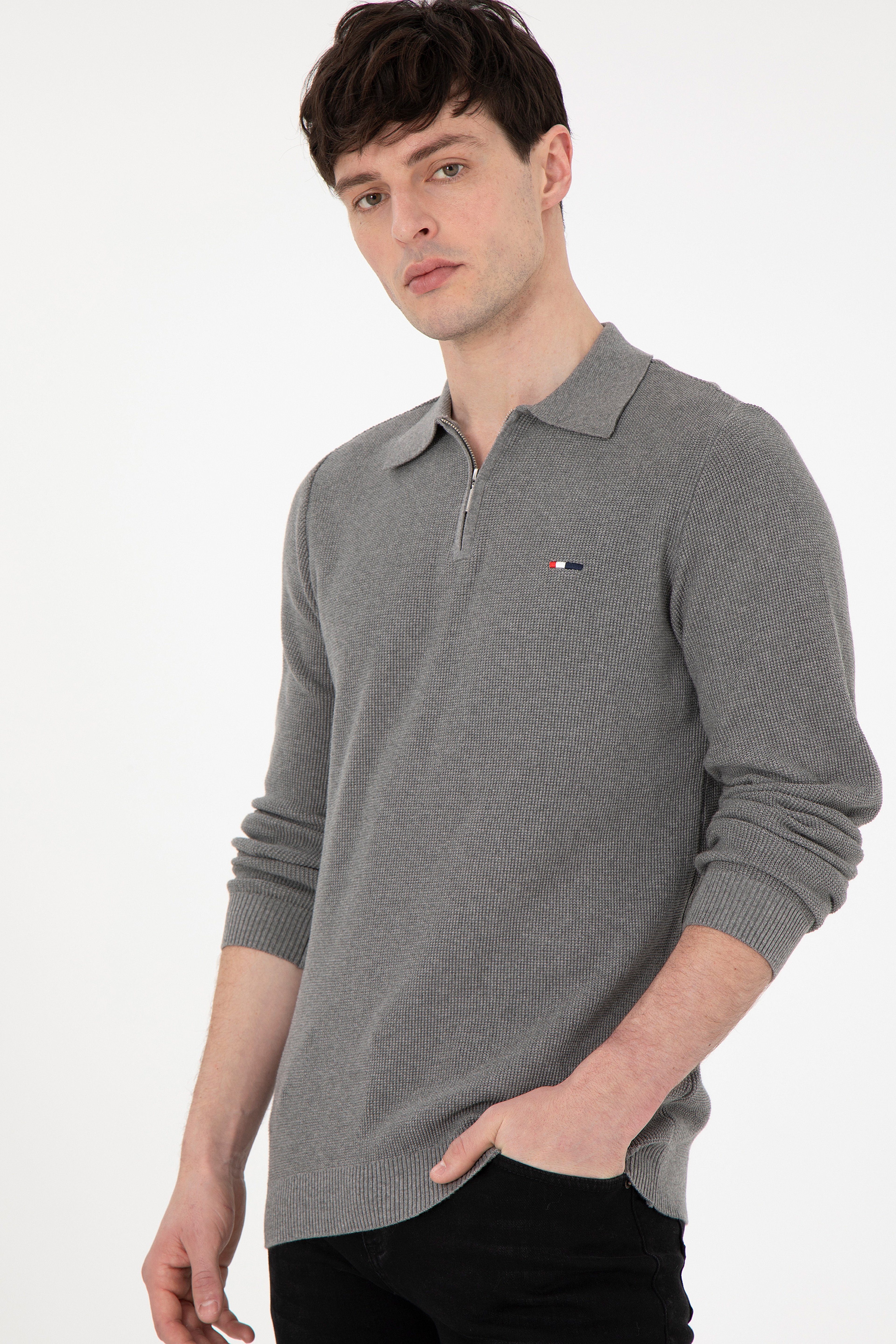 Erkek Regular Fit Yarım Fermuarlı Gri Melanj Basic Kazak