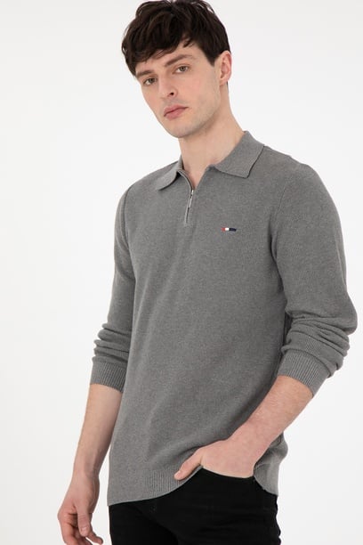 Erkek Regular Fit Yarım Fermuarlı Gri Melanj Basic Kazak