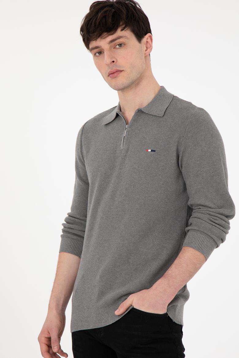 Erkek Regular Fit Yarım Fermuarlı Gri Melanj Basic Kazak - 50298266073