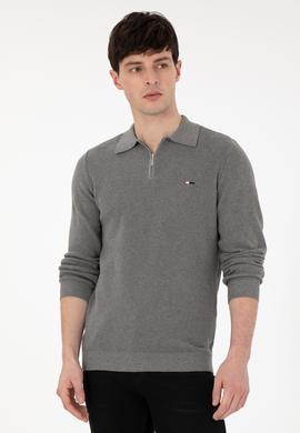 Erkek Regular Fit Yarım Fermuarlı Gri Melanj Basic Kazak - 50298266073