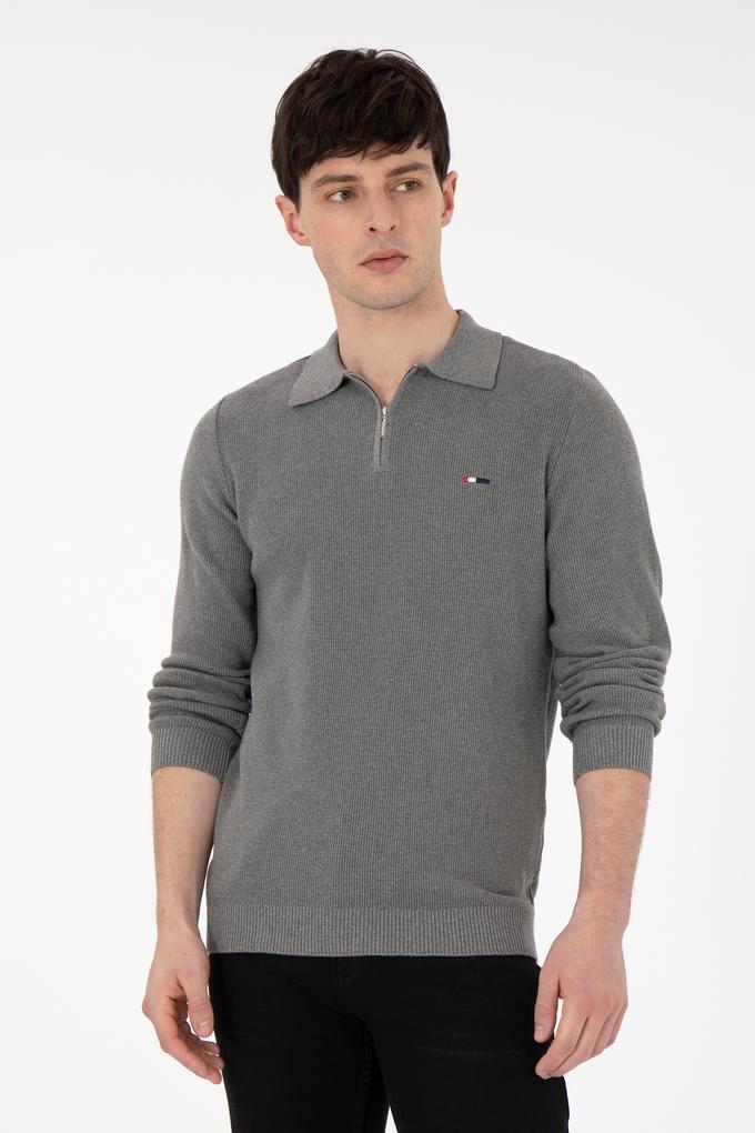 Erkek Regular Fit Yarım Fermuarlı Gri Melanj Basic Kazak