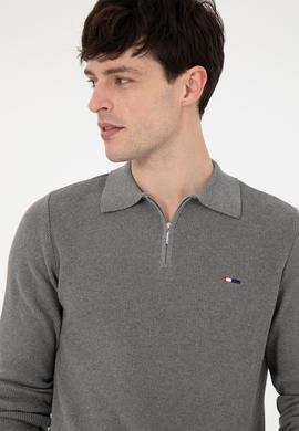 Erkek Regular Fit Yarım Fermuarlı Gri Melanj Basic Kazak - 50298266073