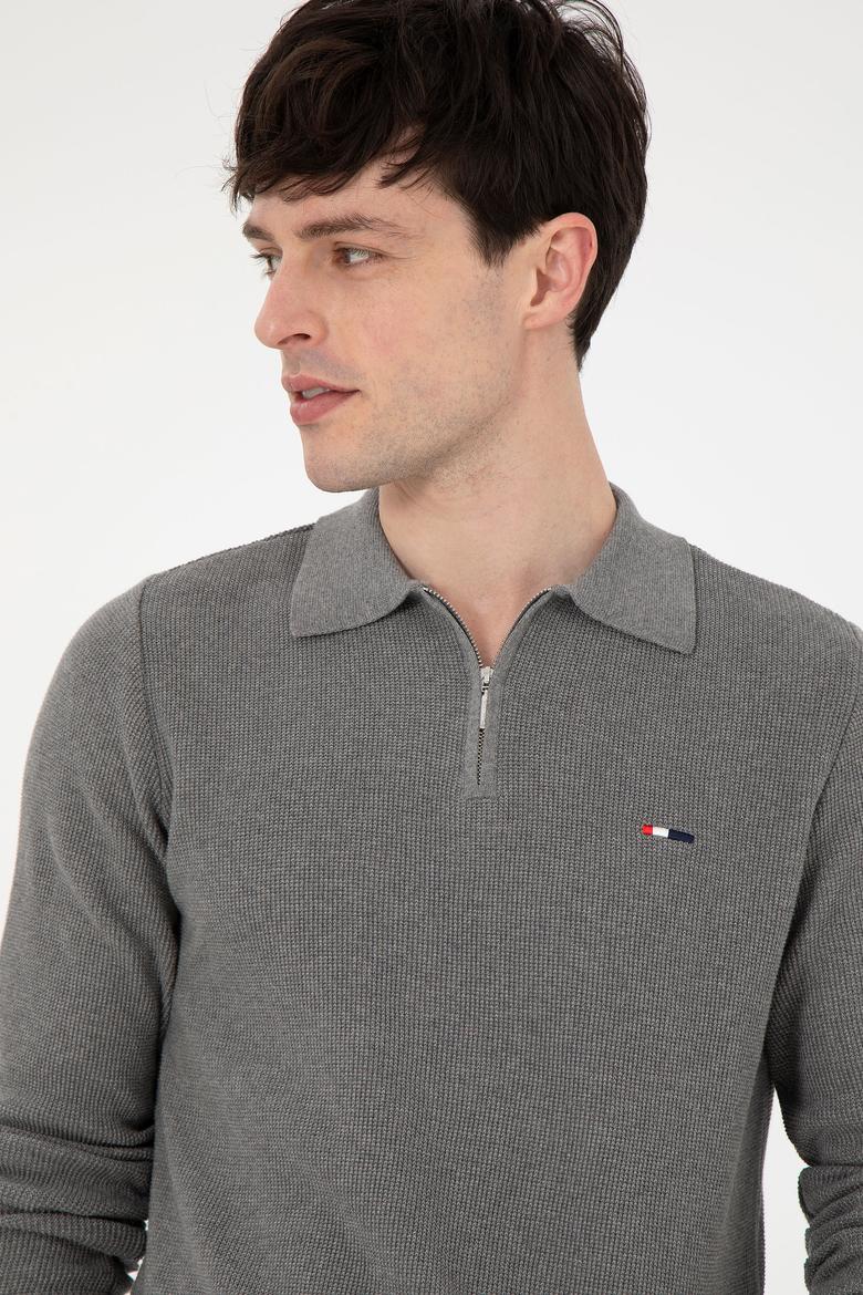 Erkek Regular Fit Yarım Fermuarlı Gri Melanj Basic Kazak - 50298266073