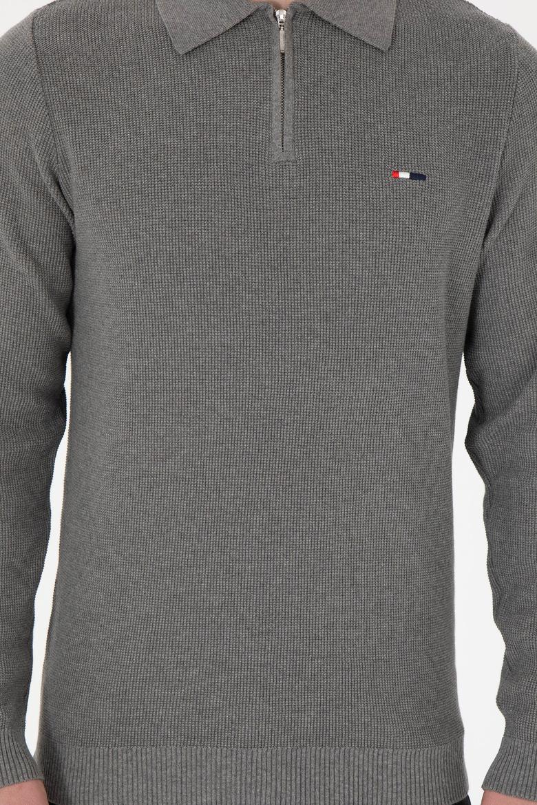 Erkek Regular Fit Yarım Fermuarlı Gri Melanj Basic Kazak - 50298266073