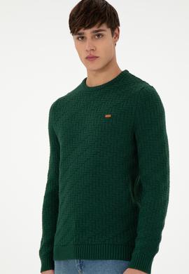 Erkek Slim Fit Bisiklet Yaka Koyu Yeşil Kazak - 50297050008