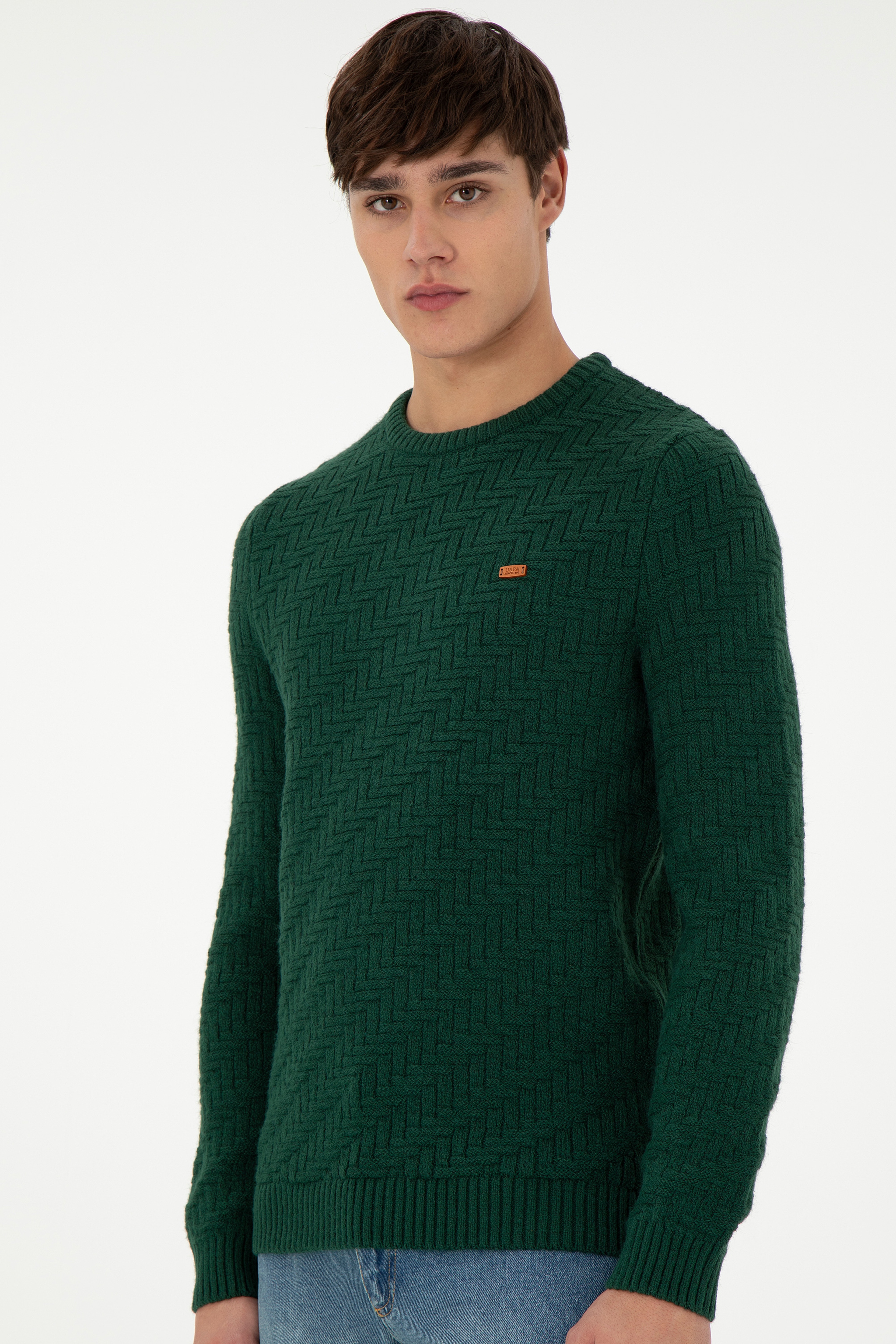Erkek Slim Fit Bisiklet Yaka Koyu Yeşil Kazak - Image 3
