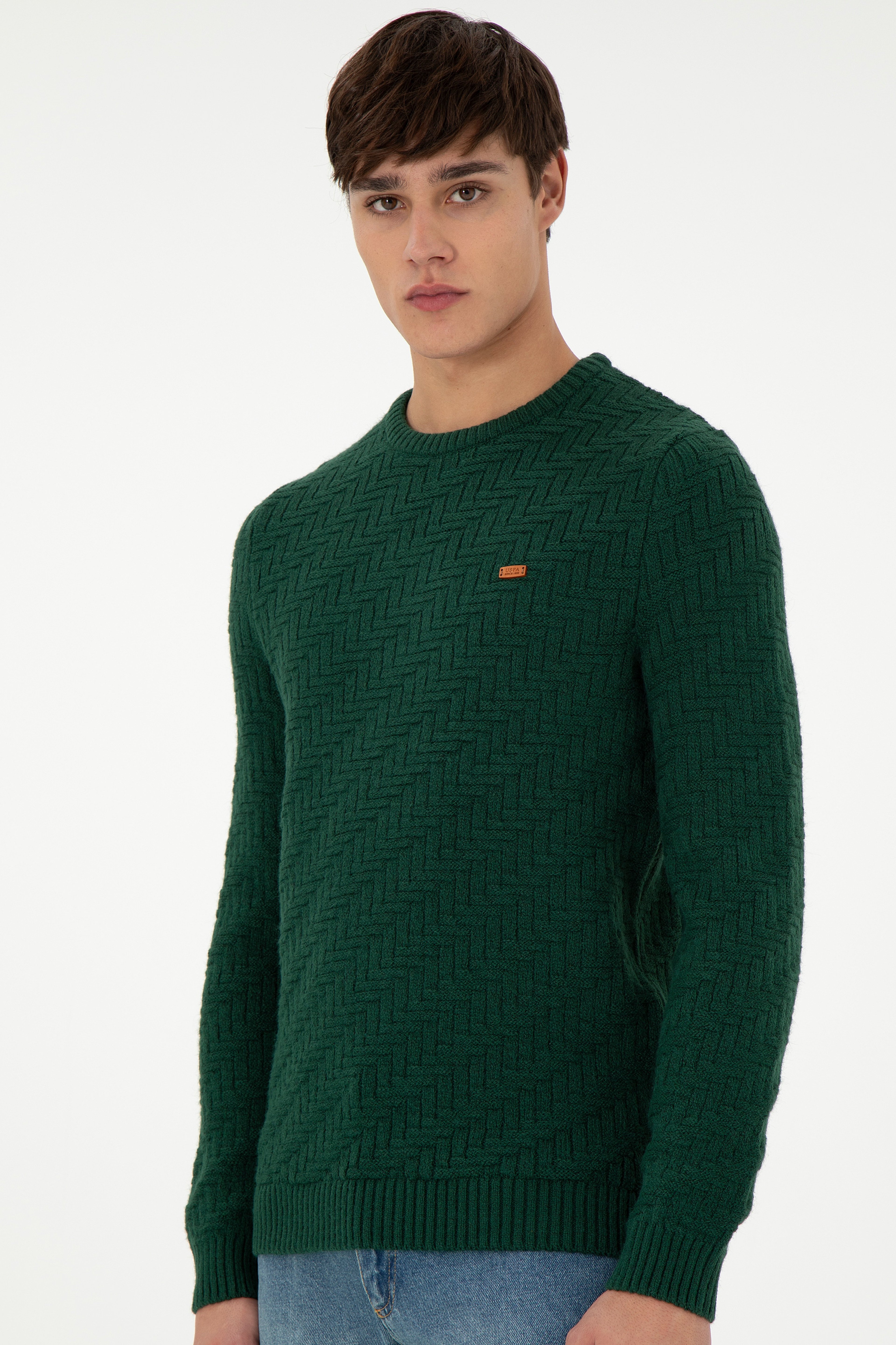 Erkek Slim Fit Bisiklet Yaka Koyu Yeşil Kazak