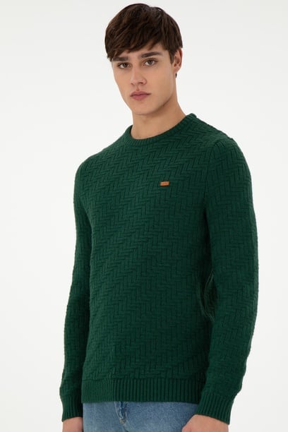 Erkek Slim Fit Bisiklet Yaka Koyu Yeşil Kazak