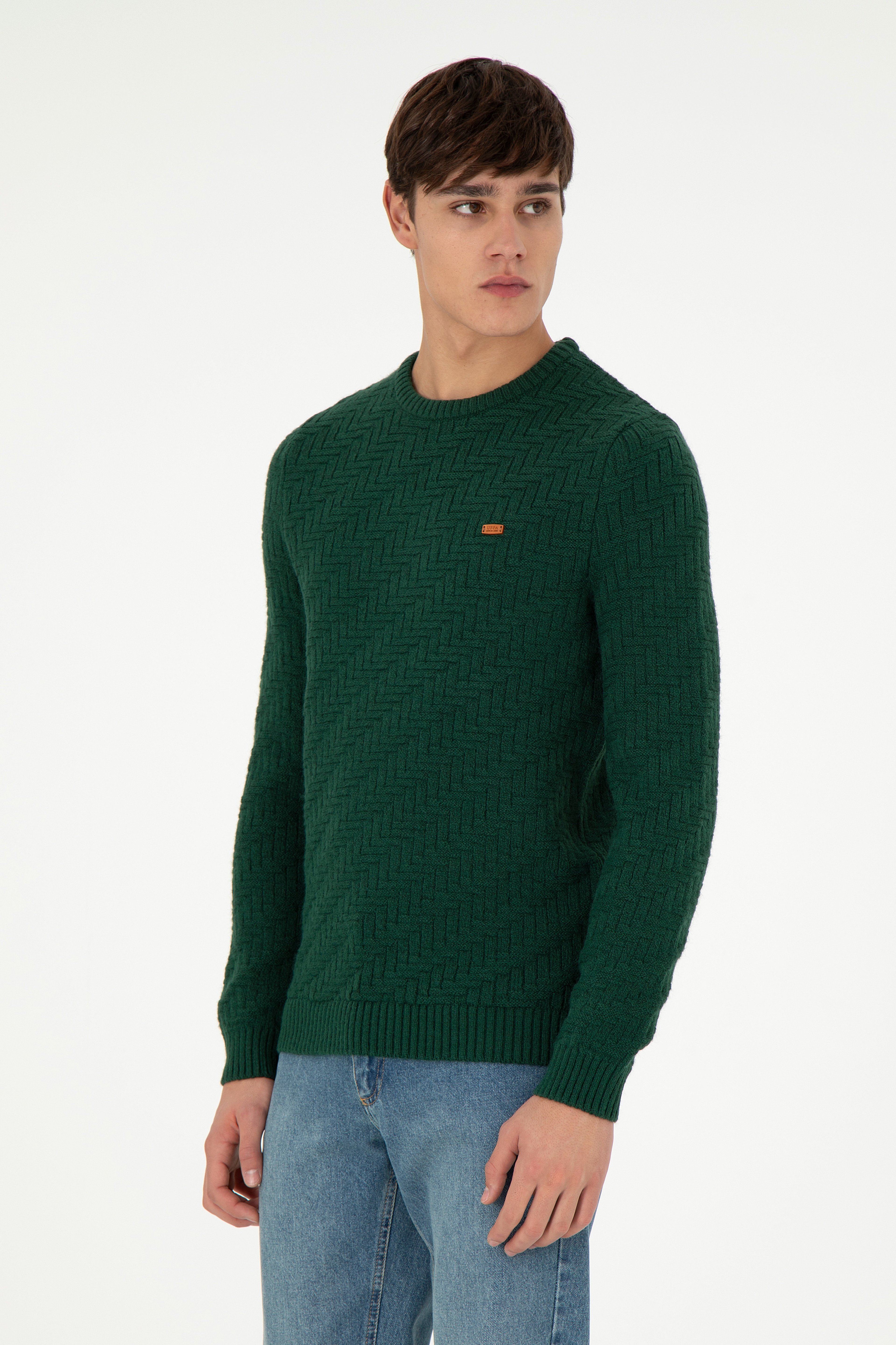 Erkek Slim Fit Bisiklet Yaka Koyu Yeşil Kazak - Image 1