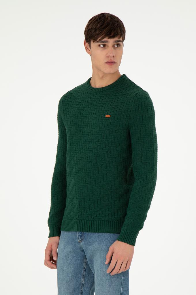 Erkek Slim Fit Bisiklet Yaka Koyu Yeşil Kazak