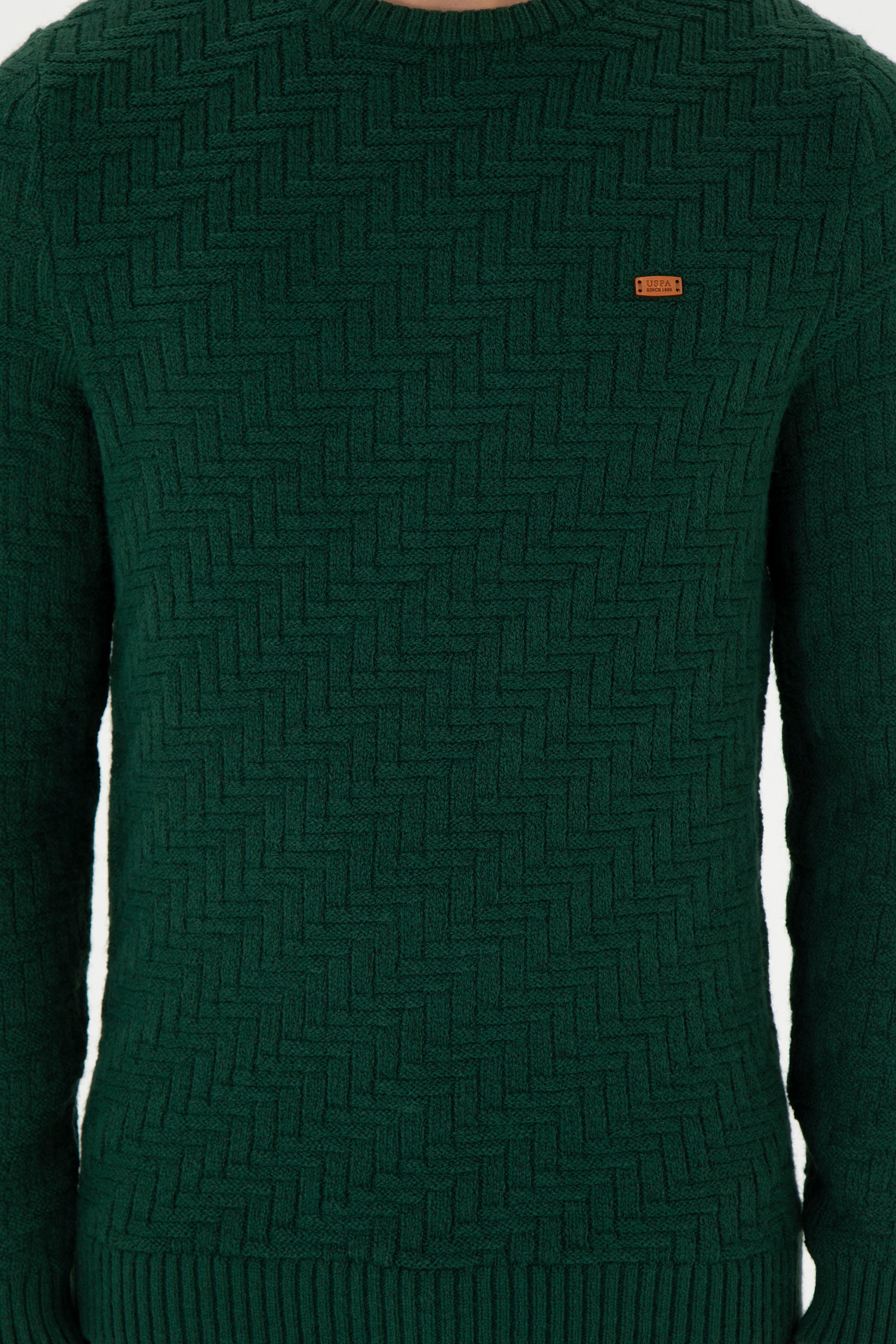 Erkek Slim Fit Bisiklet Yaka Koyu Yeşil Kazak
