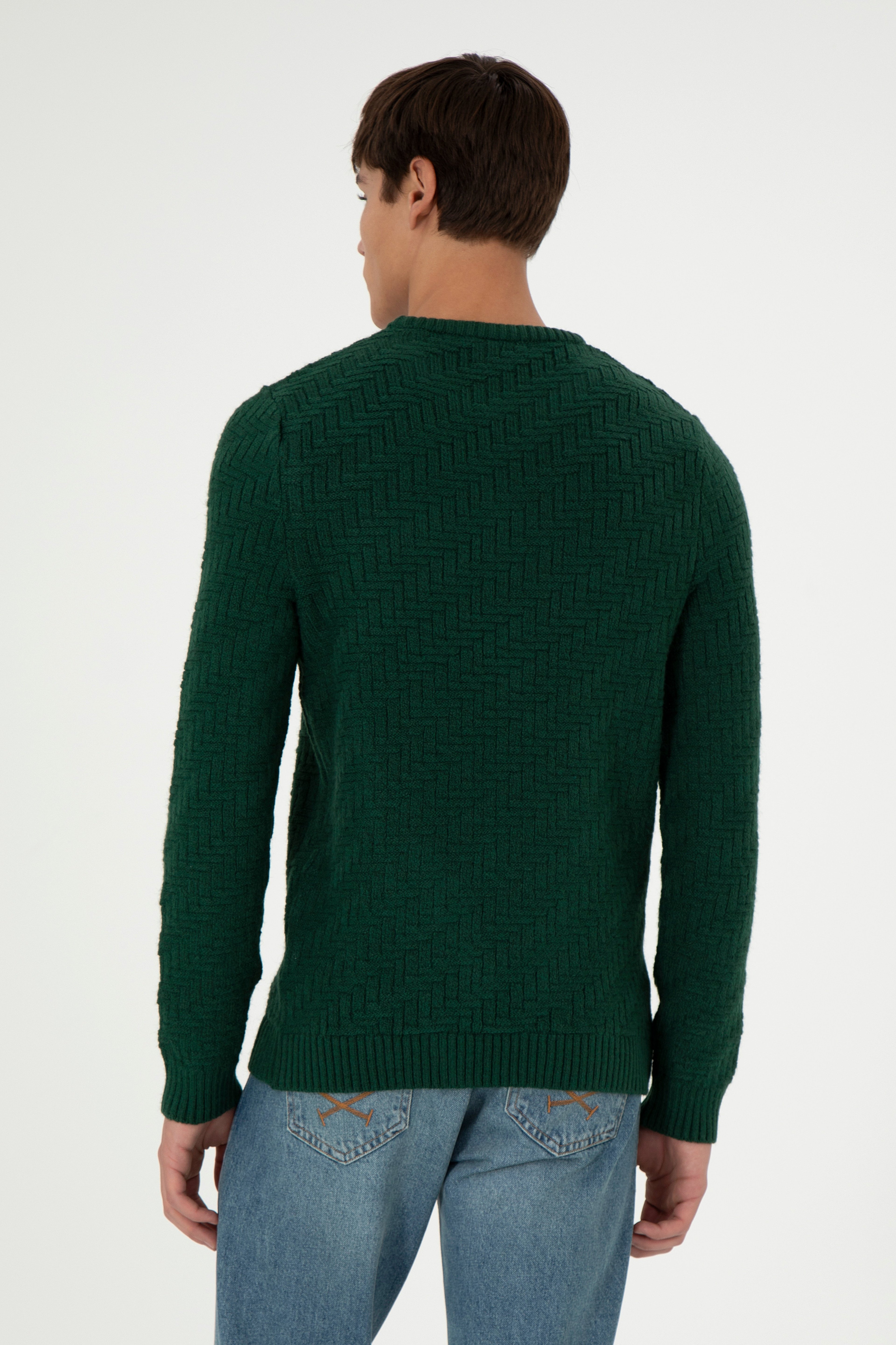 Erkek Slim Fit Bisiklet Yaka Koyu Yeşil Kazak